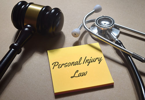 Gavel, stethoscope, and a sticky note with 